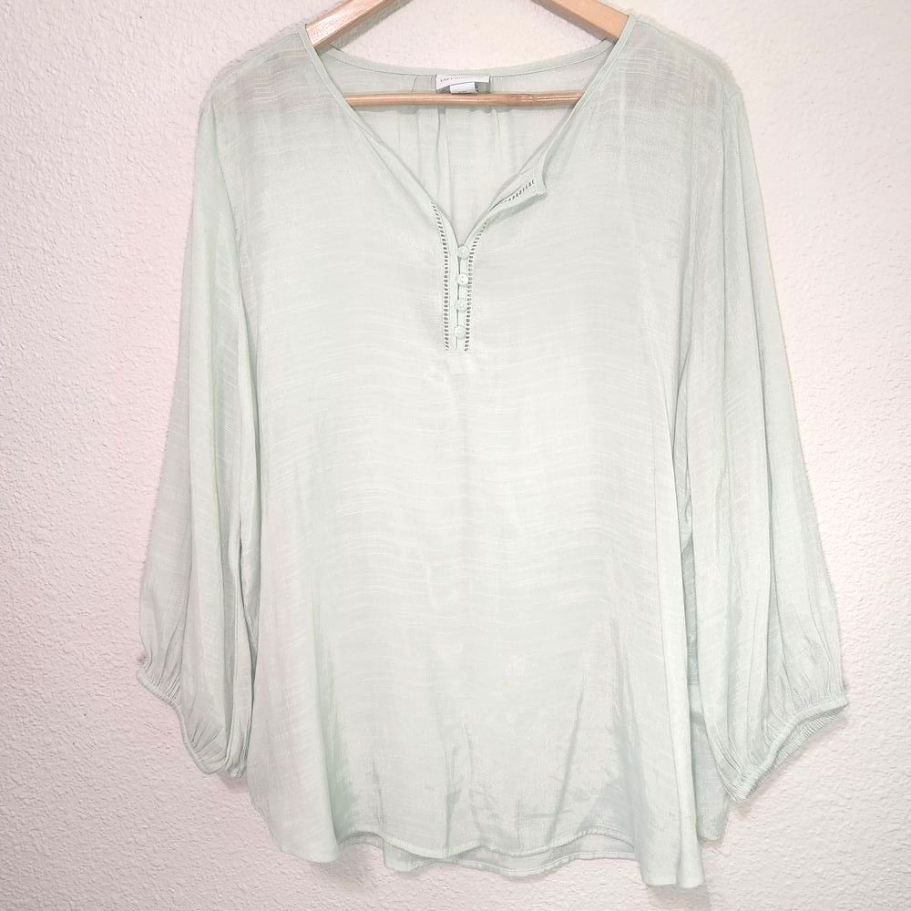 Liz Claiborne Blouse Pale Green Boho Bishop's Gathered Sleeve Women's Size XXL